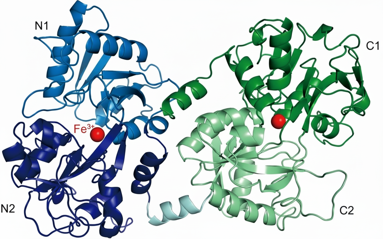3D molecular structure of lactoferrin protein showing its distinct lobes and iron-binding sites highlighted in red